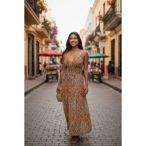 Vintage Vtg Y2K Body Central Women Long Large Spaghetti Boho 70 Festival Dress